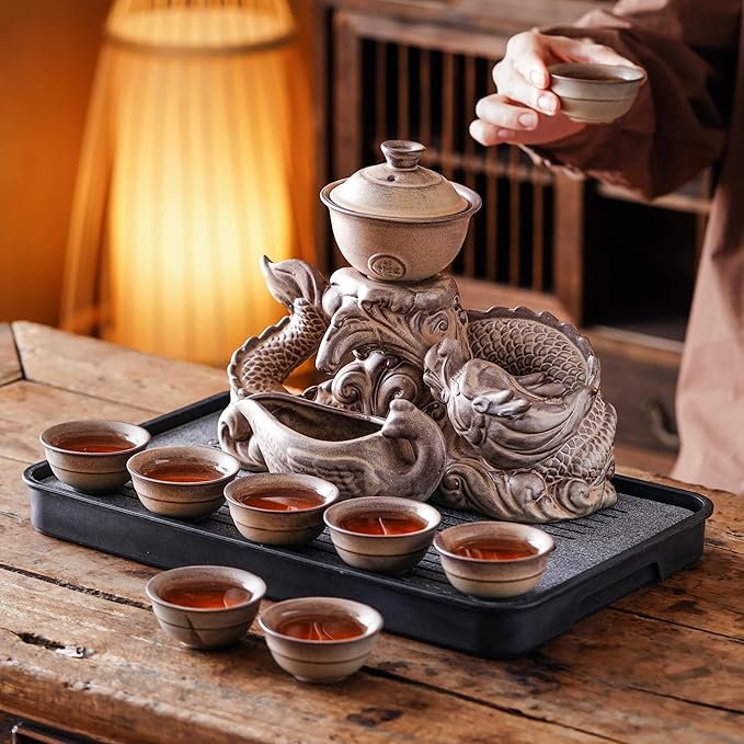 Semi Automatic Tea Set Ceramic Teapot with Infuser Magic Teapot with 8 cups (Retro Dragon-D) - Bloomnest