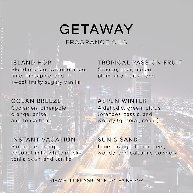 Get Away Gift Set of 6 Premium Grade Fragrance Oils - Island Hop, Ocean Breeze, Tropical Passion Fruit, Aspen Winter, Instant Vacation, Sun & Sand - 10Ml - Scented Oils - Bloomnest