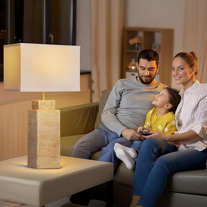 27.6" Vintage Table lamp, Farmhouse Bedside Table Lamps for Bedroom, Living Room, Dining Office, Huangdong Stone Color Lamp Base with White Linen - Bloomnest