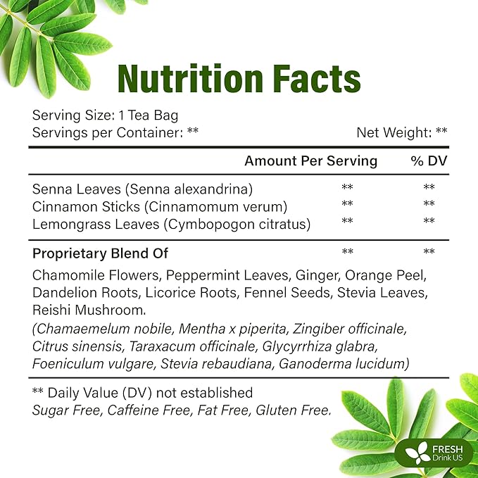 FreshDrinkUS, Evening Time Detox Herbal Tea – 30 Tea Bags – Caffeine-Free Blend with Senna, Peppermint, Chamomile, Licorice, Ginger, Reishi Mushroom – Relaxing Herbal Infusion – Non-GMO & Natural - Bloomnest