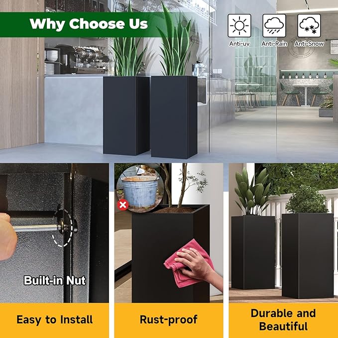 Galvanized Steel Metallic Heavy Planter for Outdoor Plants Metal Planters Box 14"x14"x30" Spliced Flower Planter with Partitions for Outside,Indoor,Garden (Black, 14 * 14 * 30) - Bloomnest