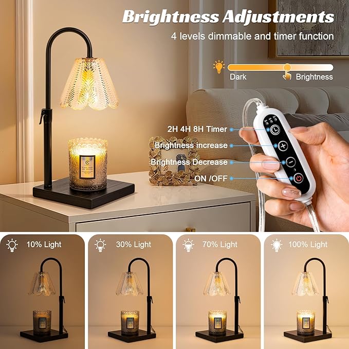 Golden Floral Candle Warmer Lamp with Timer & Dimmable Light - Adjustable Height Jar Candle Melter with Ebony Wooden Base, Home Decor Gift Set (Includes 2 Bulbs) - Bloomnest