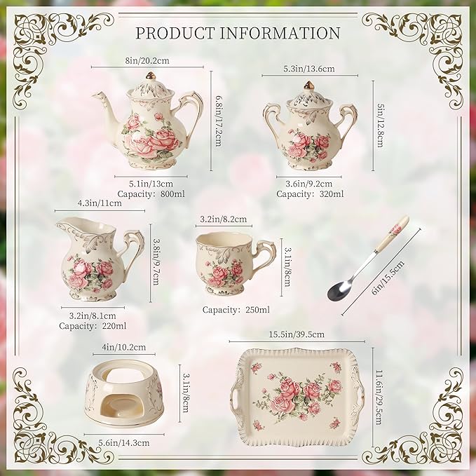 Ceramic Tea Set, 4 Cups and Spoons, One Sugar Bowl, One Milk Kettle, One Storage and Removeable Tray, Pink Rose - Bloomnest