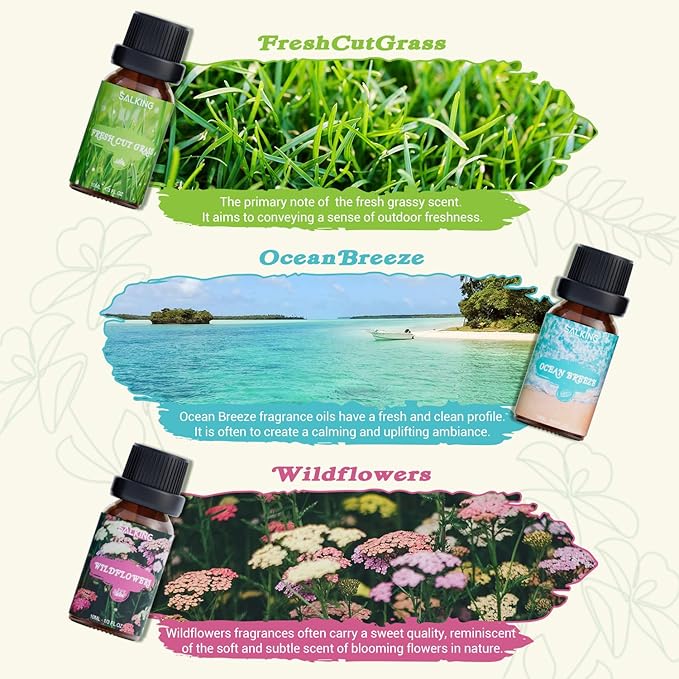 SALKING Nature Fragrance Oils, Premium Essential Oil for Diffuser, Scented Oil Gift Set for Soap Candle Making - Pine, Ocean Breeze, Rain, Fresh Cut Grass, Wildflowers, Mountain Air - Bloomnest