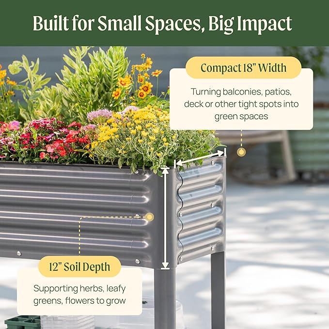 Elevated Raised Garden Bed- Slim Series, 1.5' x 3.5' Outdoor Planters Boxes with Legs & Storage Rack for Patio, 500 Lbs Weight Capacity, Raised Beds for Gardening Herbs Vegetables Flowers, Pearl White - Bloomnest