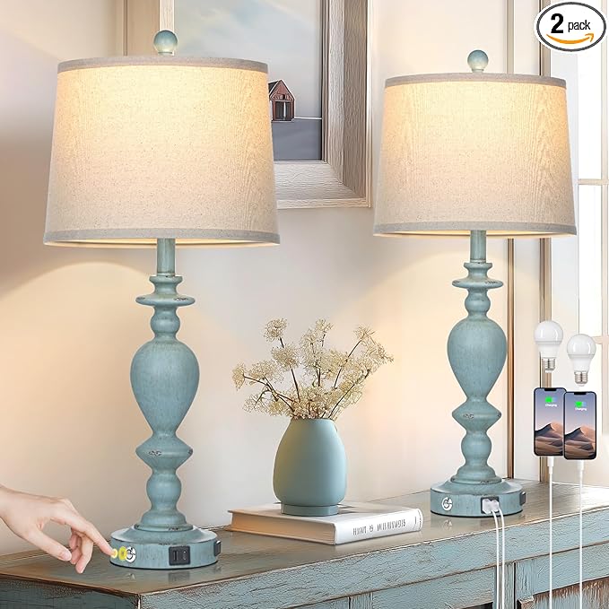 27.5" Coastal Table Lamp for Living Room Set of 2,Retro Blue Bedside Nightstand Lamps with USB C+A Ports & AC Outlet,3-Way Dimmable Touch Control Desk Lamp for Bedroom - Bloomnest