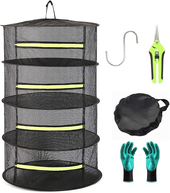 2ft 4-Layer Herb Drying Rack with Zipper, Collapsible Hanging Mesh Plant Dryer Net Basket with Garden Gloves, Pruning Scissors & Hook for Drying Seed, Bud, Hydroponic Plants - Bloomnest