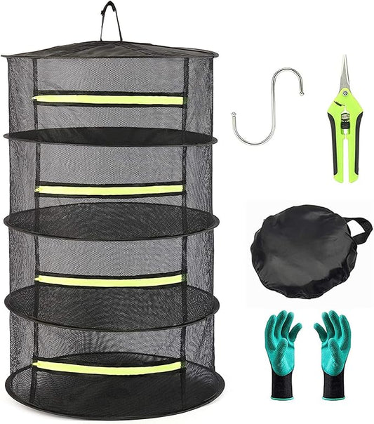 2ft 4-Layer Herb Drying Rack with Zipper, Collapsible Hanging Mesh Plant Dryer Net Basket with Garden Gloves, Pruning Scissors & Hook for Drying Seed, Bud, Hydroponic Plants - Bloomnest