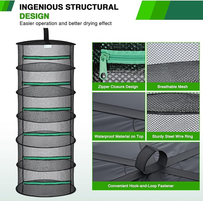 Yesker 6 Layer Herb Drying Rack Hanging Mesh Net Foldable Plant Drying Racks 24" Diameter with Green Zipper & Hook Dryer Hanging Rack for Herbs Seed Bud Fruit Clothes Grow Tent Closets Garden Outdoor - Bloomnest