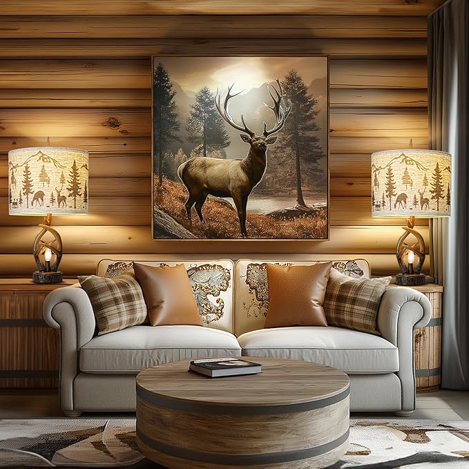 Farmhouse Deer Antler Table Lamp Set of 2 For Living Room with USB Ports, Rustic Bedside Lamp with Nightlight For Bedroom, linen Fabric Shade Vintage Nightstand Lamps For Hotel Bar Country House - Bloomnest