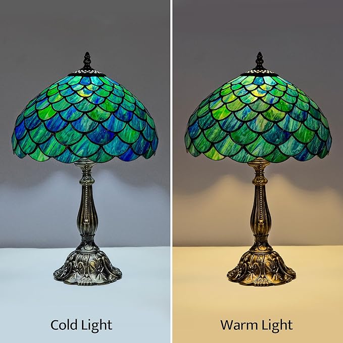 Tiffany Style Table Lamp Vintage Stained Glass Desk Lamp Sea Blue Fish Scales Bedside Reading Light Decor Bedroom Living Room Home Office D12 xH18 - Bloomnest
