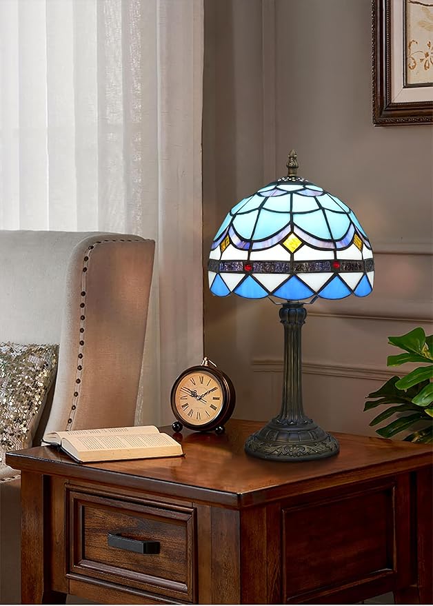 Tiffany Lamp 8 Inch Small Stained Glass Table Lamp Blue Mediterranean Handmade Warm Reading Bedside Lamp Dining Room Bedroom Living Room Office Study Tiffany Style Retro Home Decoration Crafts（feath） - Bloomnest
