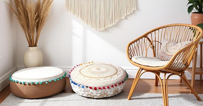 ICC Floor Pillows & Cushion covers Decorative Hippie Mandala Pouf Pillow covers Seating Meditation Cushion Cover Large Boho Ottoman Case Pillowcase Couch White Gold Matellic 16" Round - Bloomnest