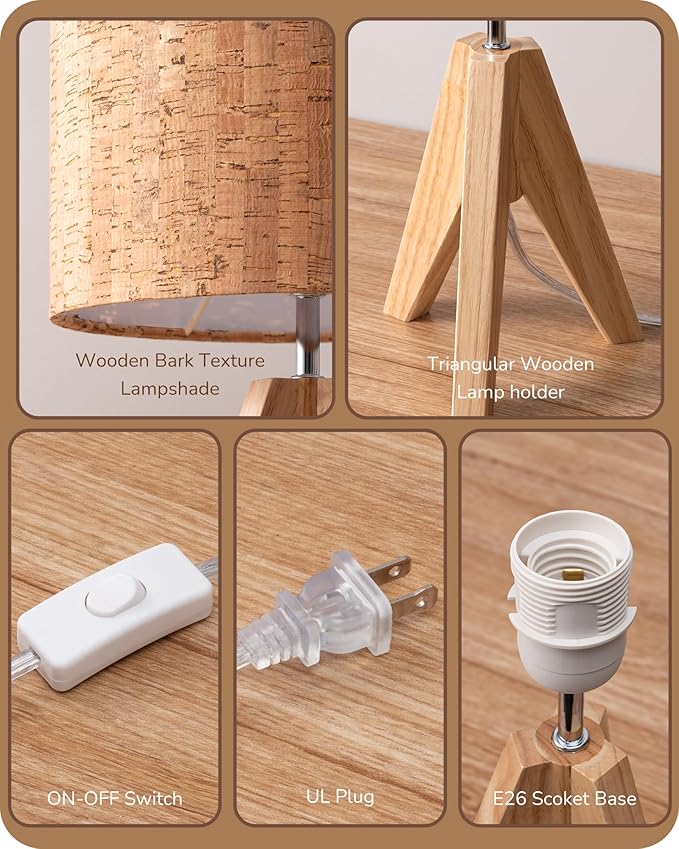 EDISHINE Small Table Lamp, Wooden Tripod Nightstand Lamp with Bark Linen Shade, Farmhouse Bedside Lamp for Nursery, Bedroom, Kids Room, Office, Reading Desk, 14.2 Inch, E26 Socket, ON/Off Switch - Bloomnest