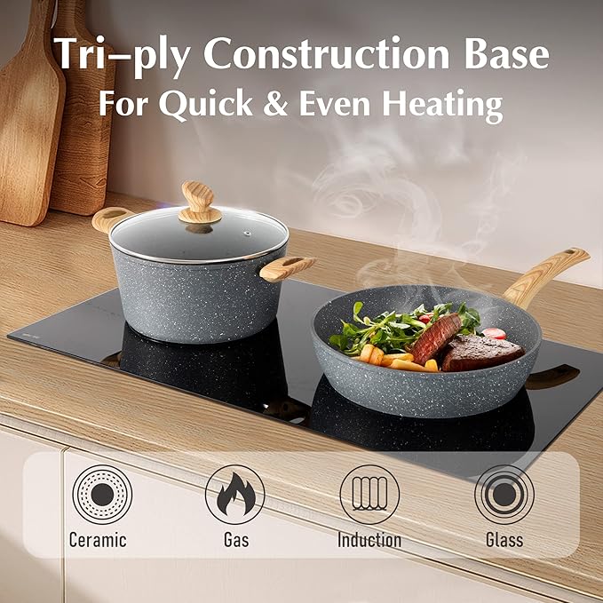 MAISON ARTS Pots and Pans Set Non Stick, 12 Piece Grey Granite Kitchen Cookware Induction Compatible, Pot and Pan Sets for Cooking Nonstick - Bloomnest