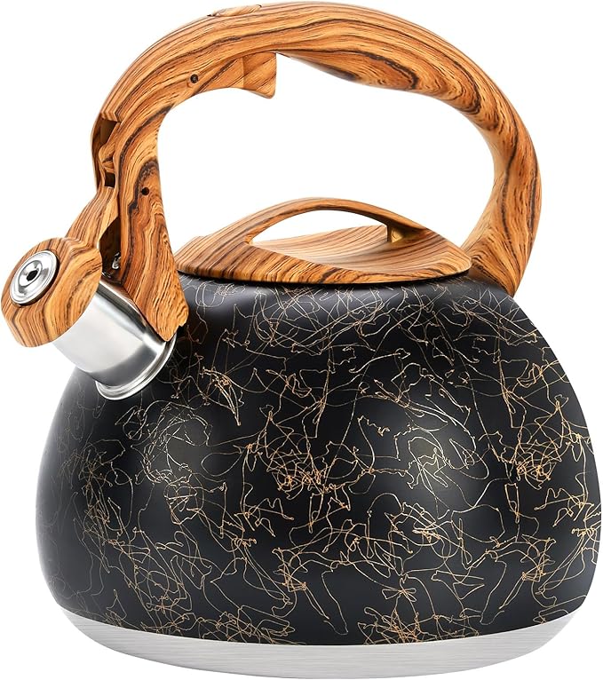 GGC Tea Kettle for Stove Top, Loud Whistling Kettle for Boiling Water Coffee or Milk, 3.1 Quart Stainless Steel Art Line Black Kettle with Wood Pattern Handle, Unique Button Control Kettle Outlet - Bloomnest