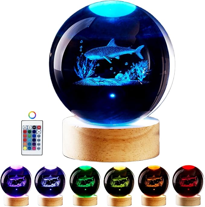 Shark Crystal Ball Night Light, 3.15 Inch K9 Crystal Ball with Wooden Base, 16 Colors, Remote Control, Art Deco Decor - Bloomnest