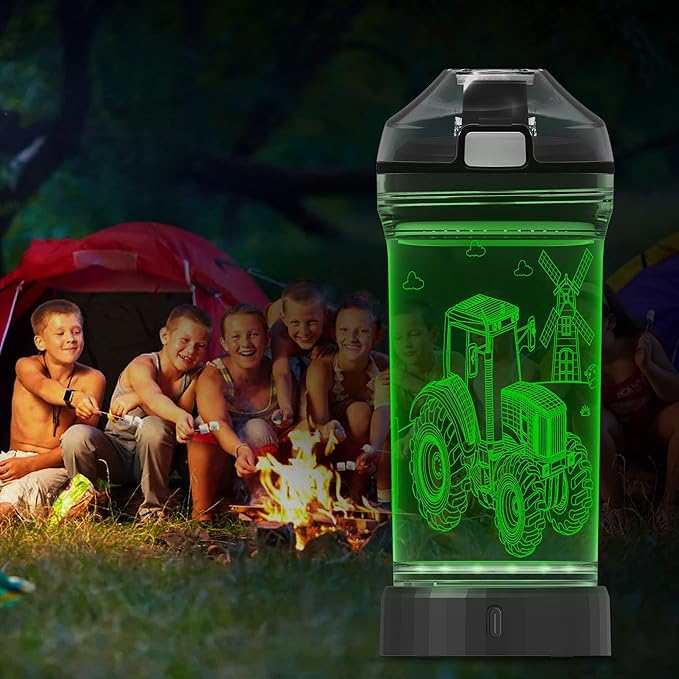 Kids Tractor Water Bottle with 3D LED Light, Glow in The Dark Gifts Ideal Travel Cup for School Boy Girl Child, Birthday Holiday Camping Picnic with Tritan BPA Free (Tractor 14 Oz) - Bloomnest