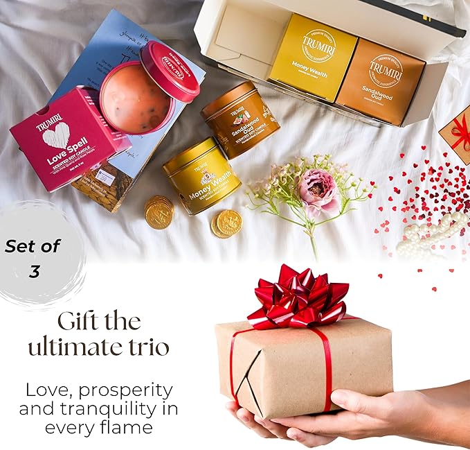 Love Spell, Money Wealth, Sandalwood Oud - Soy Candles Non Toxic - Highly Scented Long Lasting with Essential Oils - Variety Pack of 3 x 5oz - for Home Aromatherapy Meditation Gift Travel TRUMIRI