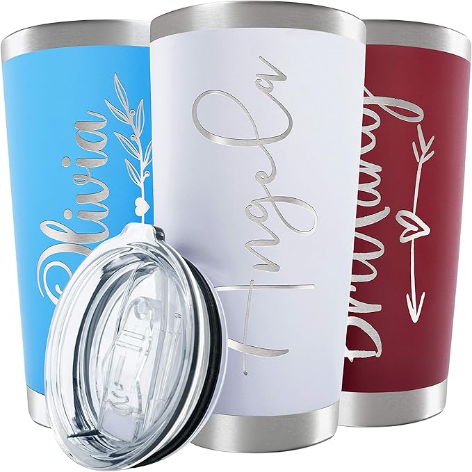 Personalized Tumbler with Engraved Name - 12 Designs, 20 Oz Coffee Tumbler with Slider Lid, White, Double Wall Insulated - Custom Gifts for Women - Bloomnest