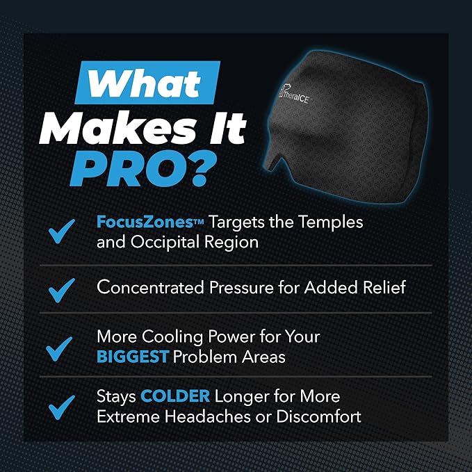 TheraICE Migraine Relief Cap PRO, Headache Relief Cap, Ice Face Mask, Cold Compress Head Wrap for Tension Headache Relief, Stress & Hangover, FocusZone Technology Provides Extra Cooling & Pressure - Bloomnest