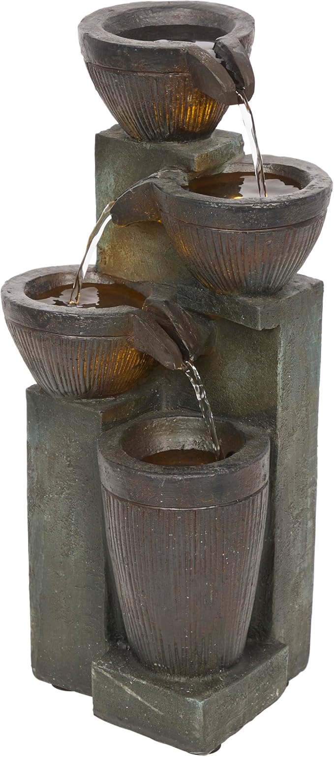 Alpine Corporation TZL416 14" Stoned Jar Water Fountain with Cascading LED Lights, Stylish Tabletop Water Feature for Home, Office, Living Room, Bedroom & Desk Decor, Gray - Bloomnest