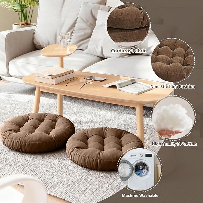 Tiita Round Floor Pillow Cushions 22"x22" Patio Chair Cushion for Outdoor Furniture Seat Pads Set of 2 Meditation Cushion for Yoga Living Room Sofa Balcony, Coffee