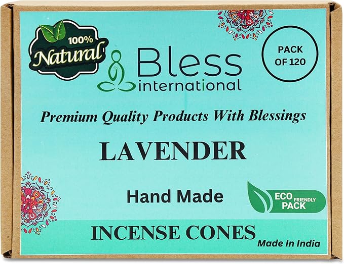 Bless International Lavender 100%-Natural-Incense-Cones Handmade-Hand-Dipped Organic-Chemicals-Free for-Purification-Relaxation-Positivity-Yoga-Meditation The-Best-scents (120 Count) BlessInternational