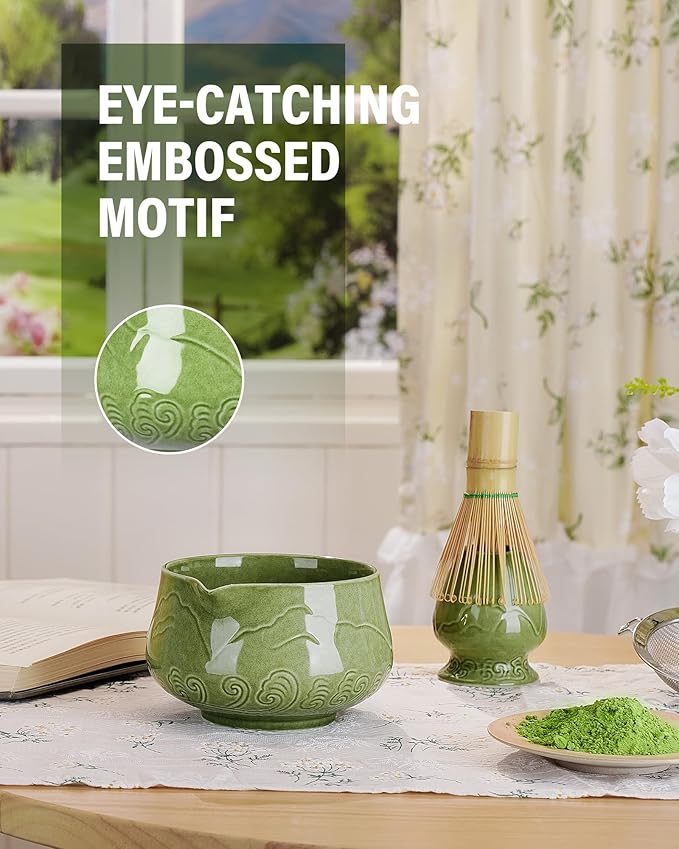 ZENS Matcha Whisk Set, 17oz Ceramic Matcha Set Includes Matcha Bowl and Matcha Cup, Bamboo Whisk & Chasen Holder, Sifter, Scoop & Tea Towel, 7pcs Matcha Kit for Matcha Latte, Emerald Green - Bloomnest