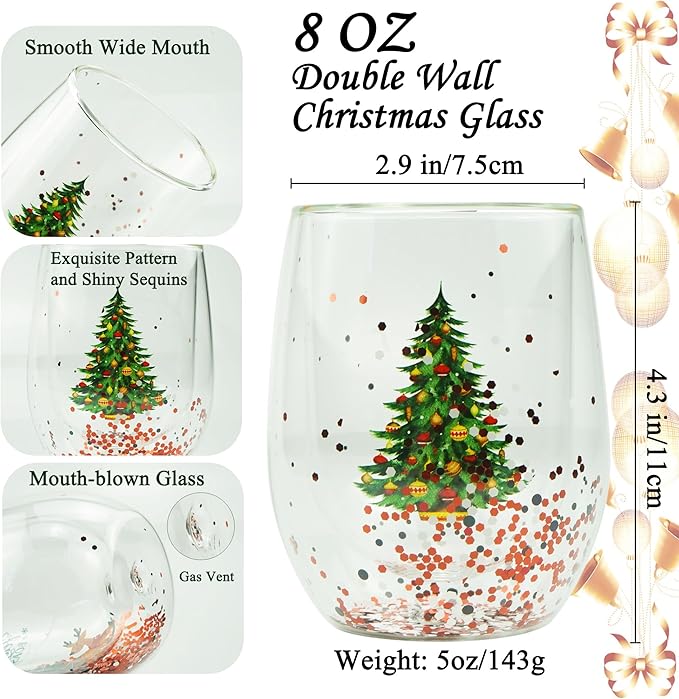 Christmas Mugs, 8 oz Double Wall Insulated Glass Coffee Mugs Set of 2, Cute Funny Mugs Coffee Cups for Cappuccino, Latte, Americano, Tea, Wine and Beverage - Bloomnest