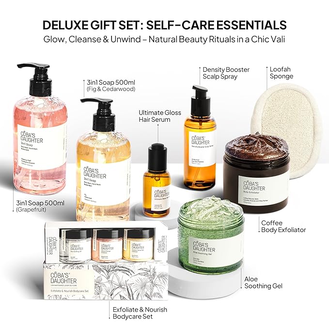 COBA'S DAUGHTER Rattan Gift Basket - 11-Piece Spa Inspired Bath, Body & Hair Kit for Women, Includes Coffee Scrub, Aloe Soothing Gel, Hair Serum, and Travel Minis - Bloomnest
