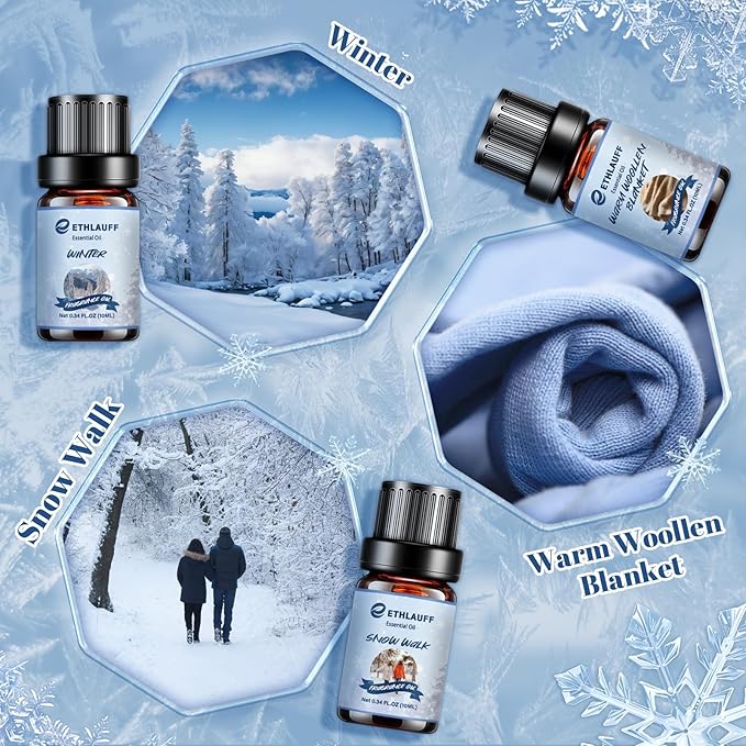 Essential Oils Set, Winter, Warm Woollen Blanket, Balsam Fir, Snow Walk, Sleigh Ride, Gingerbread - Bloomnest