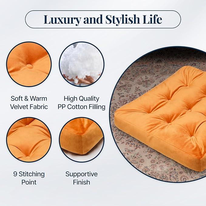 Velvet Floor Pillow Set of 2, Square Large Pillows Seating for Adults, Tufted Cushions for Meditation, Yoga, Tatami, Living Room, Chair, Machine-Washable & Dryer-Safe, Orange, 22x22 Inch - Bloomnest