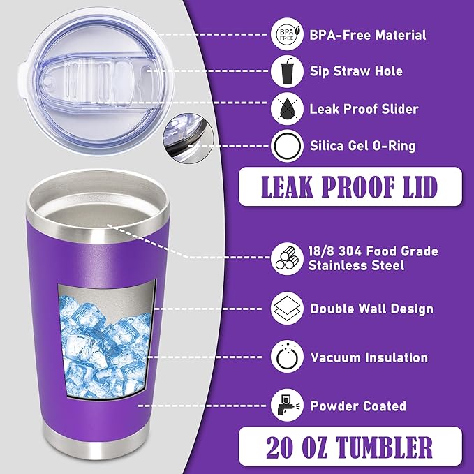 20 oz Tumbler Coffee Travel Tumblers Bulk with Lid Stainless Steel Double Wall Vacuum Insulated Mug Powder Coated Cups fit Car Cupholder for Hot and Cold - Purple, 8Pack