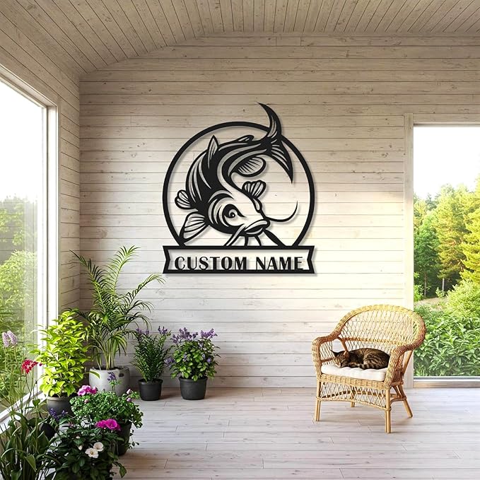 Personalized Catfish Metal Sign – Custom Name Fishing Wall Art – Iron Decoration for Cabins, Lake Houses, Man Caves, and Outdoor Spaces (Catfish-2) - Bloomnest