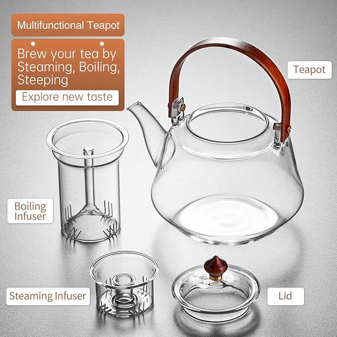 40oz Glass Teapot with Anti-Drip Spout, Peach Wood Handle and Lid, Heat-Resistant Borosilicate Glass, Dual Infusers for Steaming and Boiling - Bloomnest