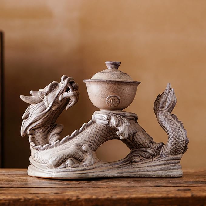 Ceramic Teapot with Infuser Semi Automatic Tea Set Magic Teapot with 8 cups Gradient Color (Retro Dragon- A) - Bloomnest