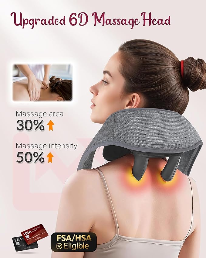 Cordless Neck Massager with Heat - FSA Eligible HSA Neck Shoulder Massager for Pain Relief Deep Tissue,6D Deep Kneading Shiatsu Back Massage, Gifts for Fathers Men Women - Bloomnest