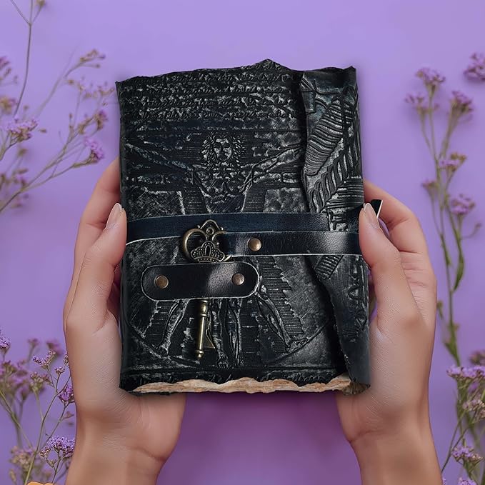 LEATHER VILLAGE Genuine Leather Handmade Journal for Men & Women – Vitruvian Man Embossed Cover – Key Closure – Book of Shadow – Vintage Deckle Edge Paper for Writing, Drawing – 7x5 Inches – Turquoise - Bloomnest