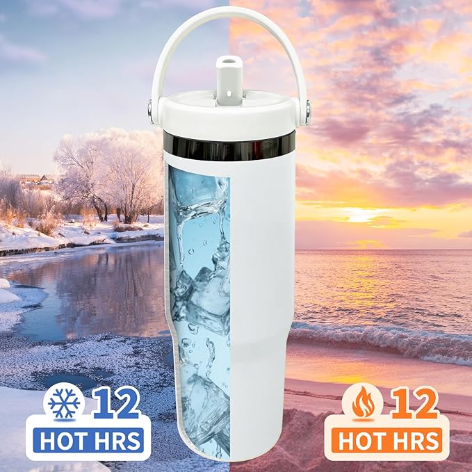 30 oz Tumbler with Handle, Double Wall Vacuum Insulated Tumblers with Flip Straw, Coffee Mug 30oz Powder Coated Cup for Hot and Cold Drinks(Black Plated, White,8 pack)