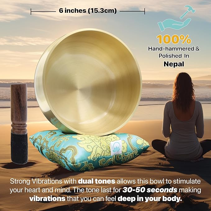 Large Tibetan Singing Bowl Set – 6 Inch Sound Bowl for Yoga, Meditation, Stress Relief, Healing & Chakra Balancing – Long Pure Resonance – Includes Mallet & Cushion – ZenGolden Bowl - Bloomnest