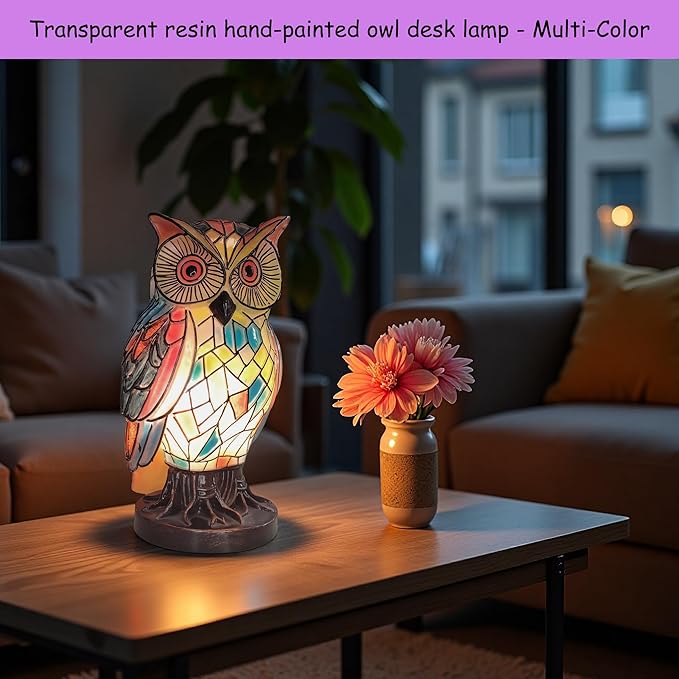 Tiffany Style Owl Table Lamps - Hand-Drawn Vintage Resin Colorful Tiffany Owl Lamp for Bedroom Living Room Nursery Office, Whimsical Animal Desk Lamp, Unique Gift for Mom. - Bloomnest