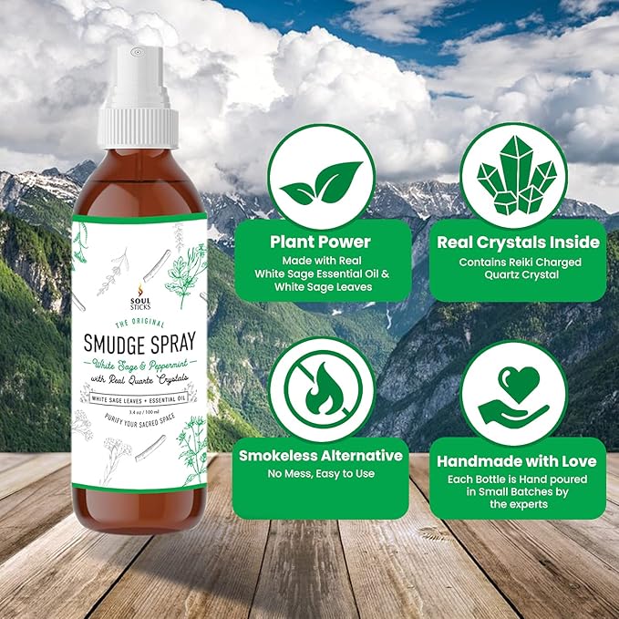 Soul Sticks Smudge Spray for Cleansing Negative Energy and Purifying Home | Made with White Sage and Quartz Crystals | 3.5 oz. Bottle (White Sage & Peppermint) SoulSticks