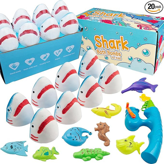 Shark Bath Bombs for Kids with Surprise Fishing Toy Set, 8 Fun Exploding Bath Balls & 9 Fishing Toys, Natural Handmade Organic Bubble Bath Fizzies, Ideal Birthday Holiday Christmas Gift for Boys Girls - Bloomnest