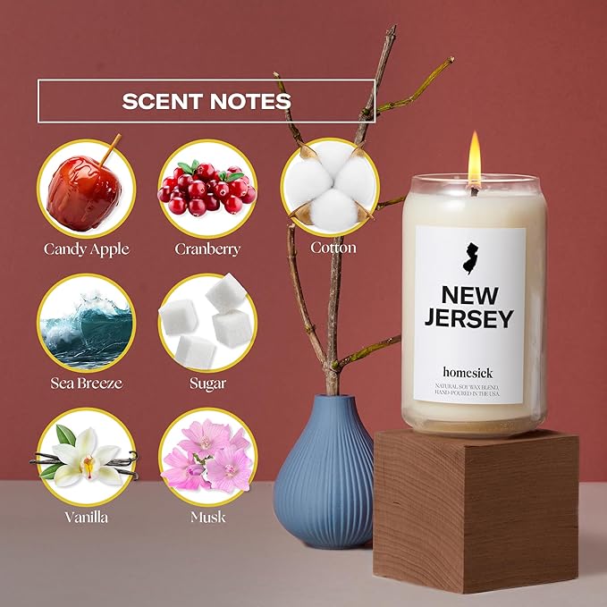 Homesick Scented Candles for Home (New Jersey) - 13.75 oz Long-Lasting Soy Wax Jar Candle for Women & Men for All Occasions, 60-80 Hours Burn Time - Notes of Candy Apple & Cranberry - Bloomnest