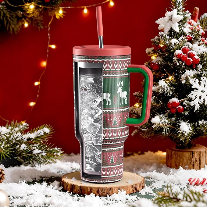 Meoky 40 oz Christmas Tumbler with Handle and Straw, Xmas Tumbler with Lid and Straw, Insulated Stainless Steel Travel Mug, Christmas Gifts for Women Men Adults (Jolly Reindeer) - Bloomnest