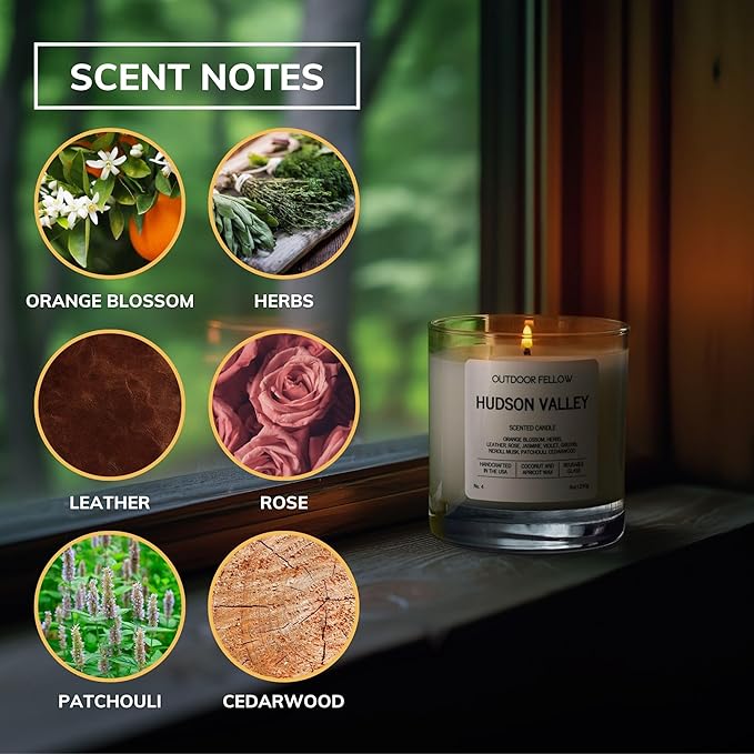 Outdoor Fellow Hudson Valley Scented Candle, 8oz, Coconut & Apricot Wax Blend, Orange Blossom, Jasmine, Patchouli, Reusable Glass, 40-50 Hour Burn Time - Bloomnest