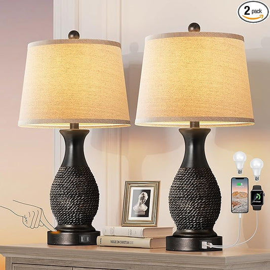 PARTPHONER Table Lamps Set of 2, Bedside Touch Lamp with USB C+A Charging Ports, Side Table Lamp with Linen Fabric Shade (LED Bulbs Included), Black with Gold Accents - Bloomnest