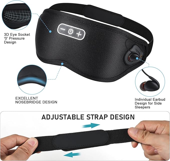 White Noise Sleep Mask, Breathable 3D Soft Eye Mask with Earplugs for Side Sleepers, Blackout 3D Contoured Eye Cover with Adjustable Strap for Women Men, no Bluetooth, no APP(Black) - Bloomnest