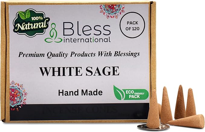 Bless-International White Sage 100%-Natural-Incense-Cones Handmade-Hand-Dipped Organic-Chemicals-Free for-Purification-Relaxation-Positivity-Yoga-Meditation The-Best-scents (120 Count) BlessInternational